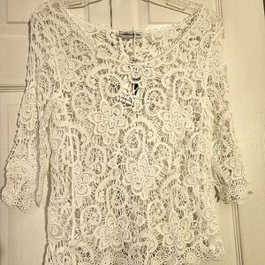 Cotton Lace White Top Crochet Filigree Floral Blouse SM-Med